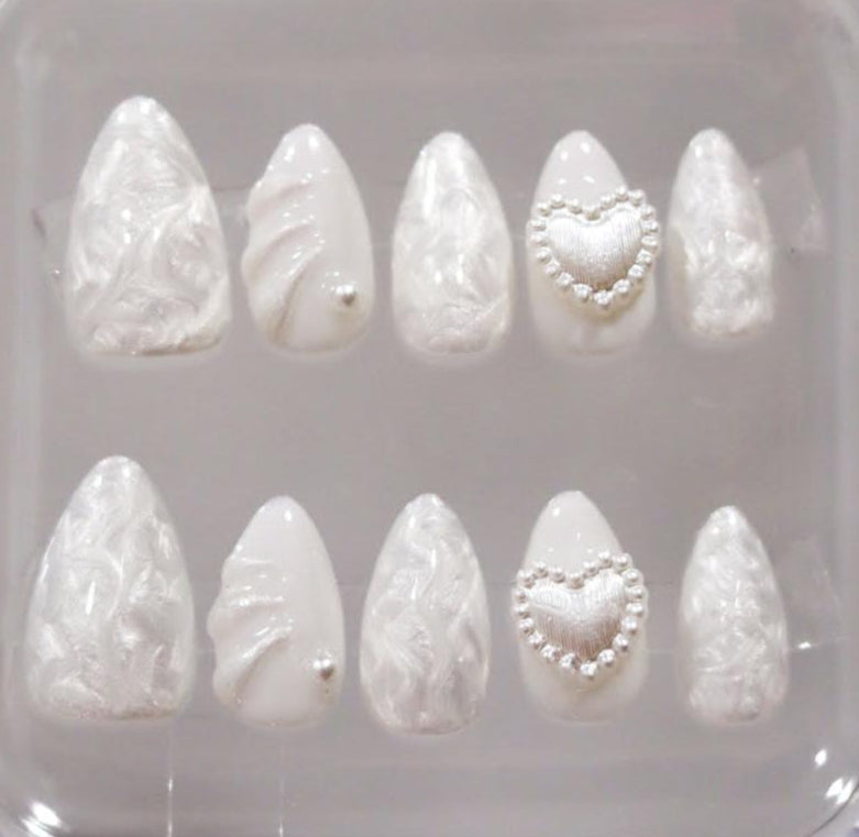 Pearly Heart Press On Nails| White Pearl Nails | White French Nails | Almond Nails | Custom Design Nails | Wedding Nails | Livs Nail Lab