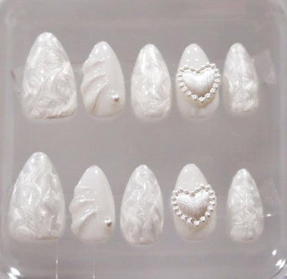 Pearly Heart Press On Nails| White Pearl Nails | White French Nails | Almond Nails | Custom Design Nails | Wedding Nails | Livs Nail Lab