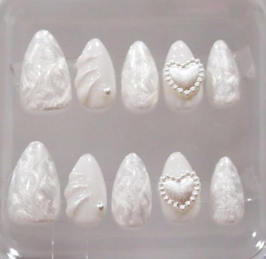 Pearly Heart Press On Nails| White Pearl Nails | White French Nails | Almond Nails | Custom Design Nails | Wedding Nails | Livs Nail Lab