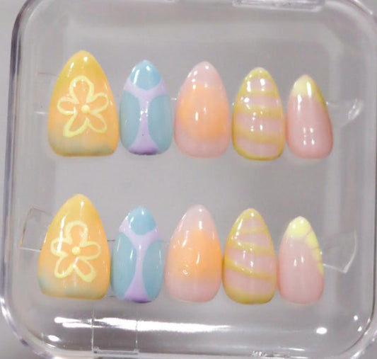 Bikini Bottom Press On Nails | Summer Press On Nails | Dreamy Almond Nails | Cute Nails 3D Gel | Orange and Pink Nails | Livs Nail Lab