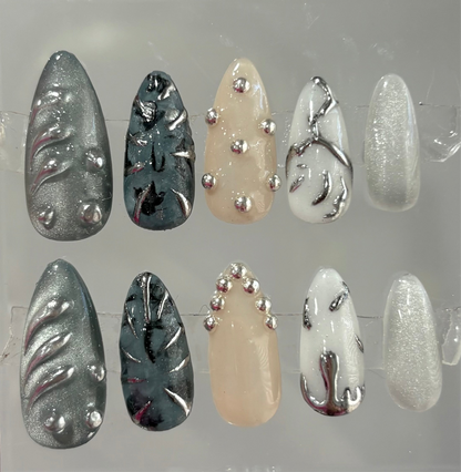 Grunge Metal Press On Nails: Chrome, 3D, Cat Eye
