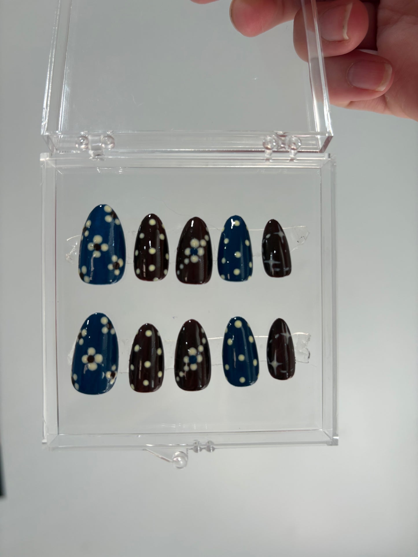 Brown and Blue Fall Press On Nails: Hand-Painted Floral Polka Dot Nails