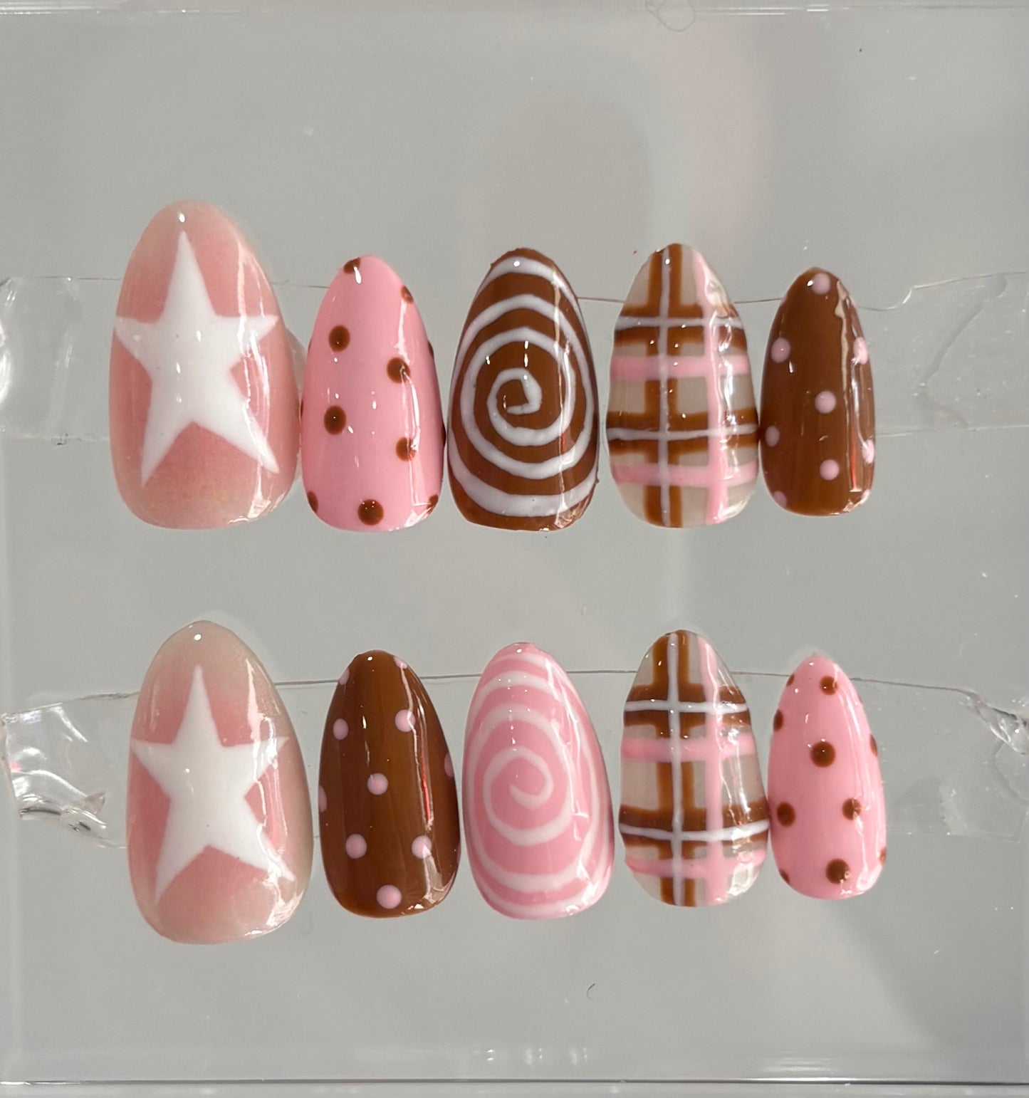 Polka Dot Press On Nails: Hand-Painted Pink and Brown Gel Nail Art
