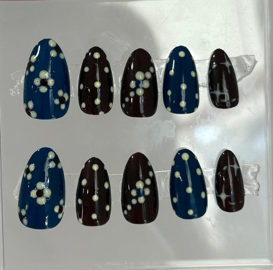 Brown and Blue Fall Press On Nails: Hand-Painted Floral Polka Dot Nails