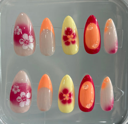 Hibiscus Press On Nails: Hot Pink Hand-Painted Gel Nail Art
