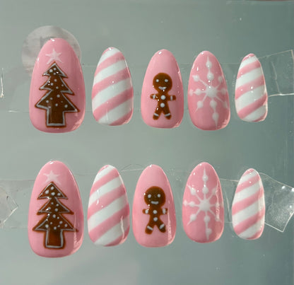 Hand-Painted Gingerbread Holiday Press On Nails: Pink and White Almond Christmas Nails