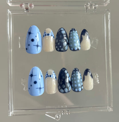 Blue Haze Press On Nails: Hand-Painted Two toned Blue Gel Nail Art