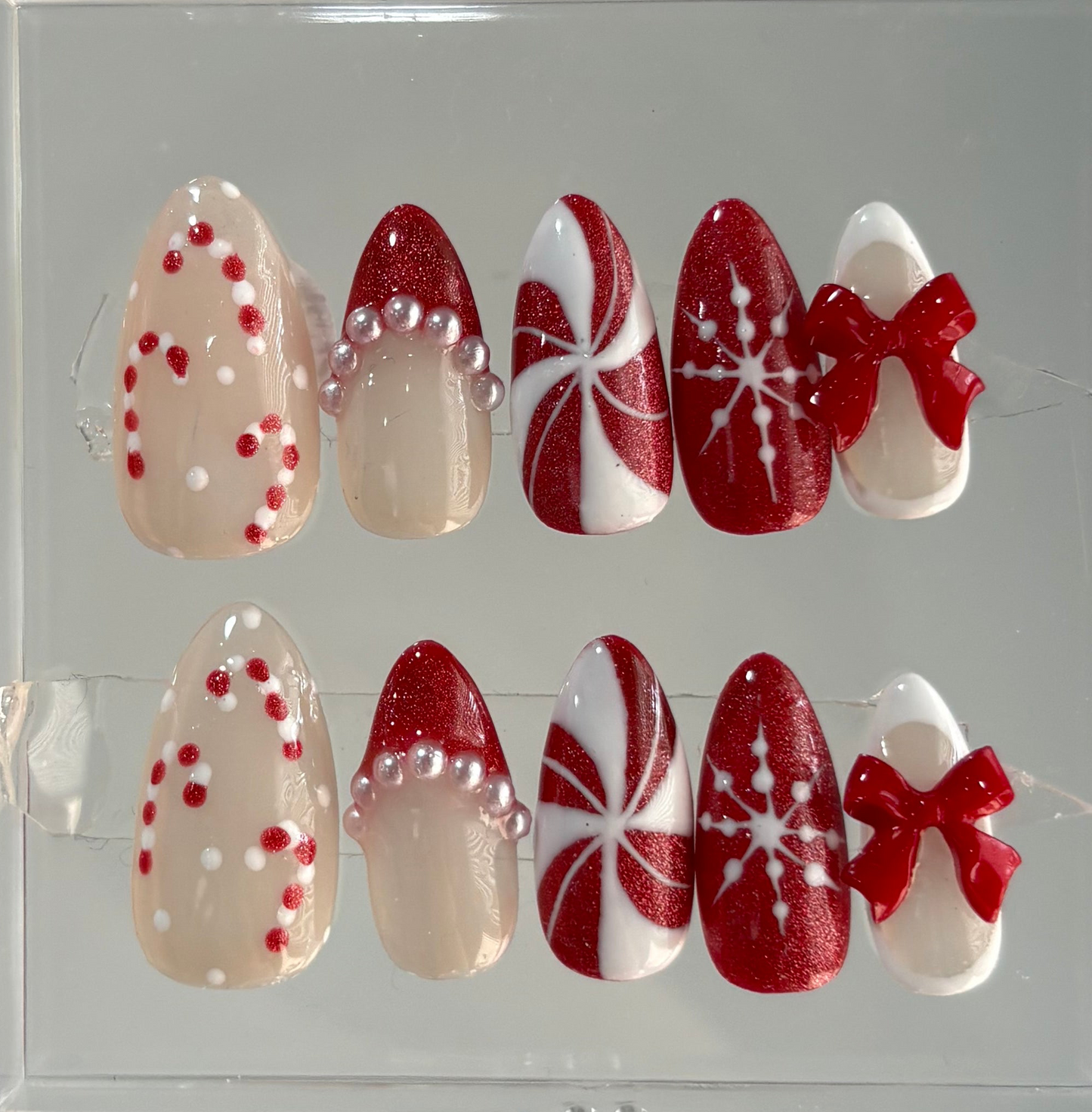 Hand-Painted Candy Cane Holiday Press On Nails: Red and White Almond Christmas Nails