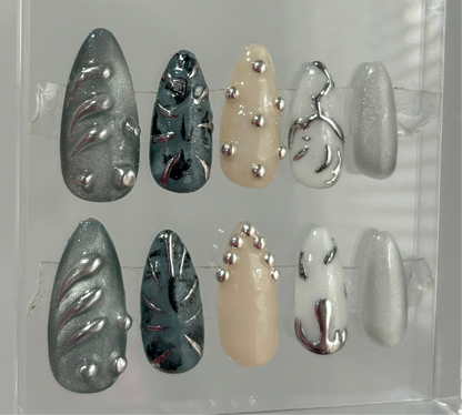 Grunge Metal Press On Nails: Chrome, 3D, Cat Eye