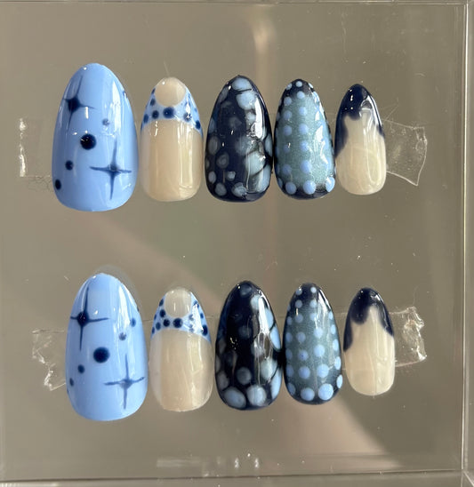 Blue Haze Press On Nails: Hand-Painted Two toned Blue Gel Nail Art