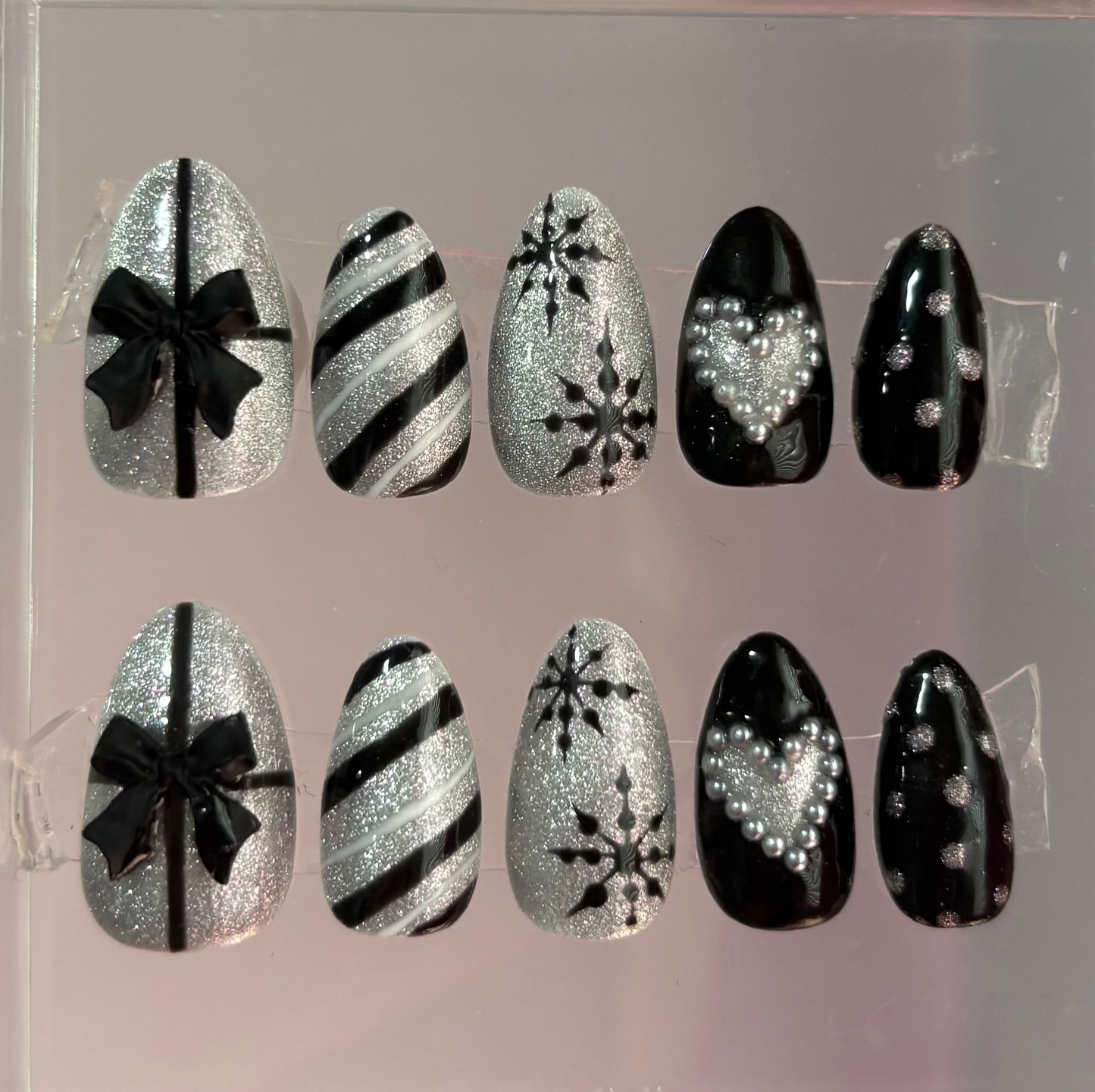 Hand-Painted Sparkly Holiday Press On Nails: Silver and Black Almond Christmas Nails