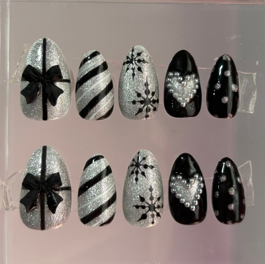 Hand-Painted Sparkly Holiday Press On Nails: Silver and Black Almond Christmas Nails