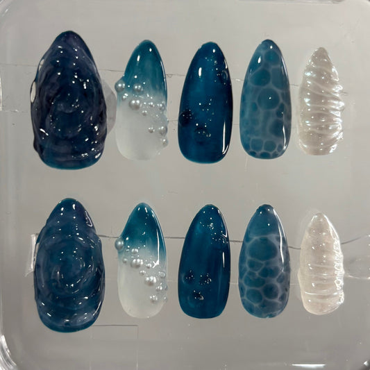 Set of blue and white nail art designs in a clear display case.