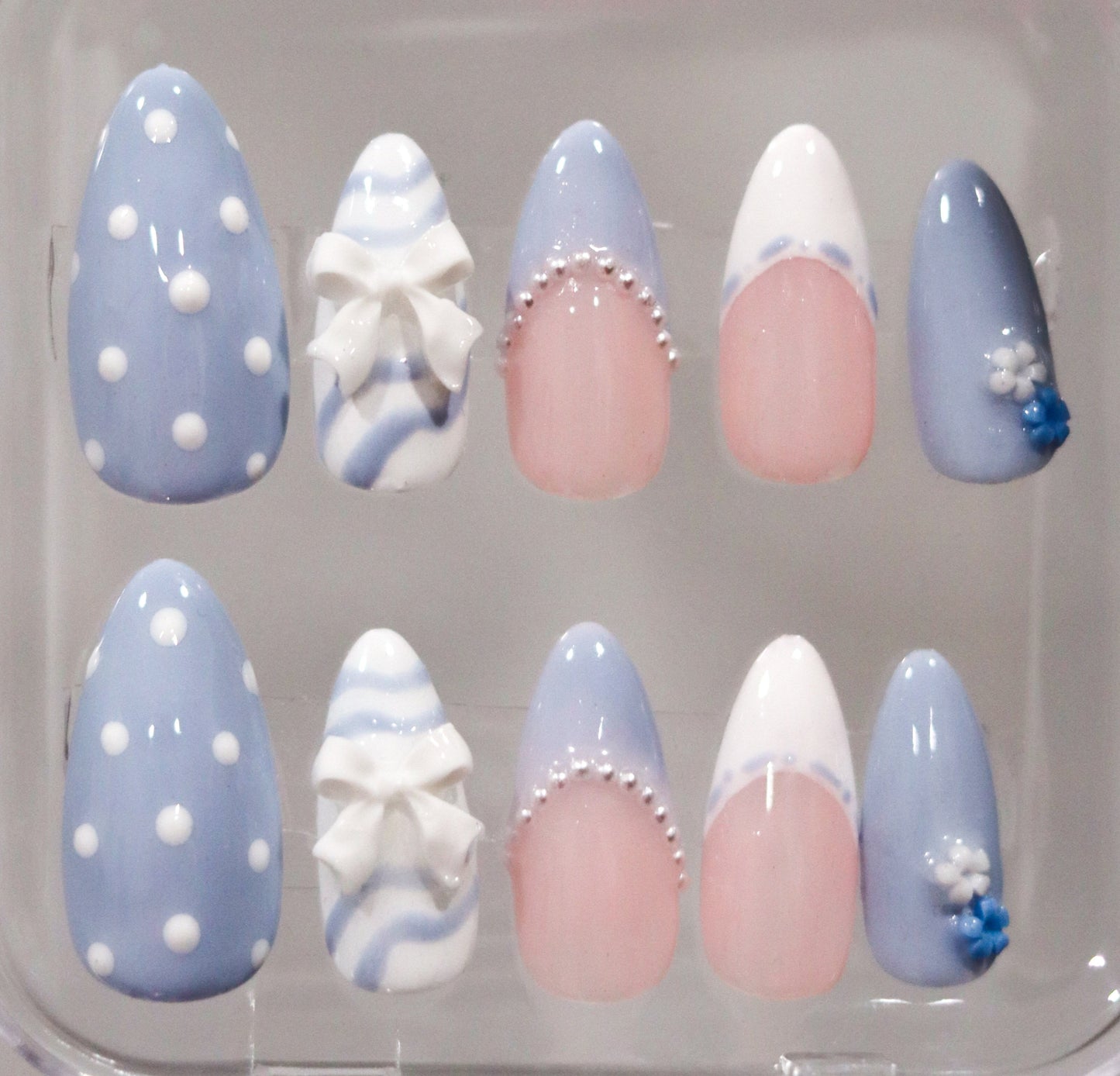 Baby Blue Lace PressOn Nails | Mini Pearls | Pink White And Blue Nails | Flower & Bow Charms | Handmade Press On Nails | Livs Nail Lab