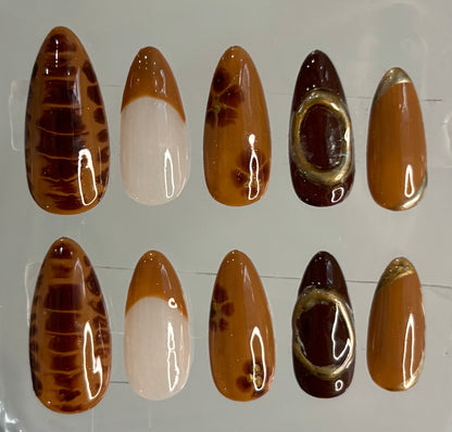 Press On Nails | Cappuccino Nails| 3D Chrome blooming Nails | Birthday Gift | Hand Painted Nails | Custom Press On Nails | Livs Nail Lab